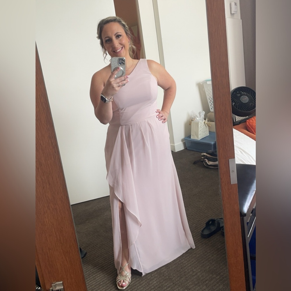 David’s Bridal chiffon one-shoulder bridesmaid dress with cascade